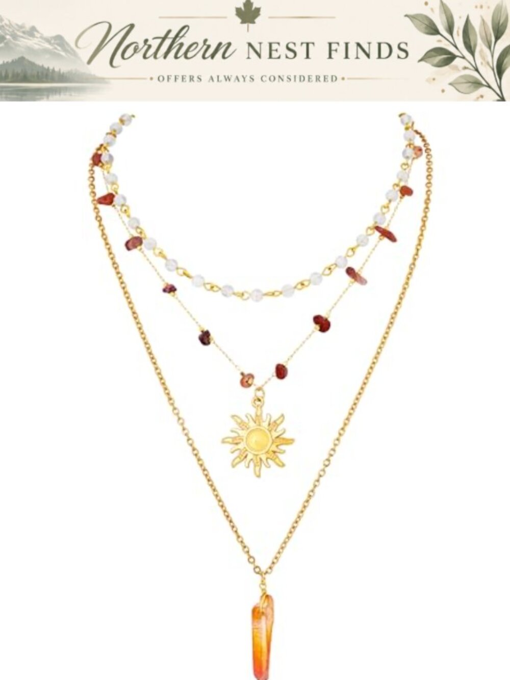 Layered Crystal Sun Necklace Boho Hippie Zinc Alloy Titanium Steel